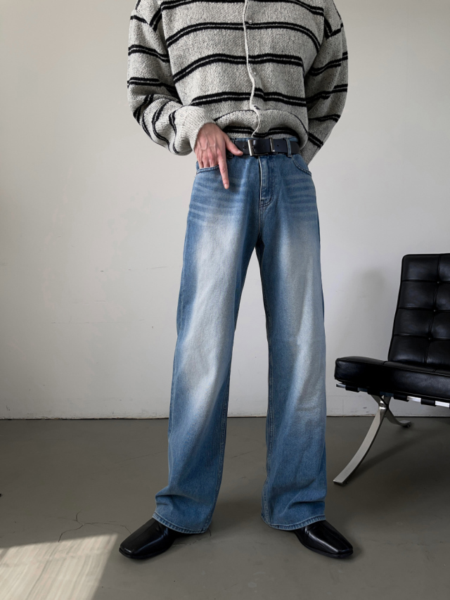 重度刷色半寬牛仔褲