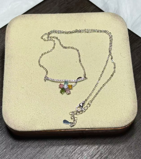 251016 - D100 彩碧璽半銀套鏈頸鏈 - 花花款(11月中到貨）