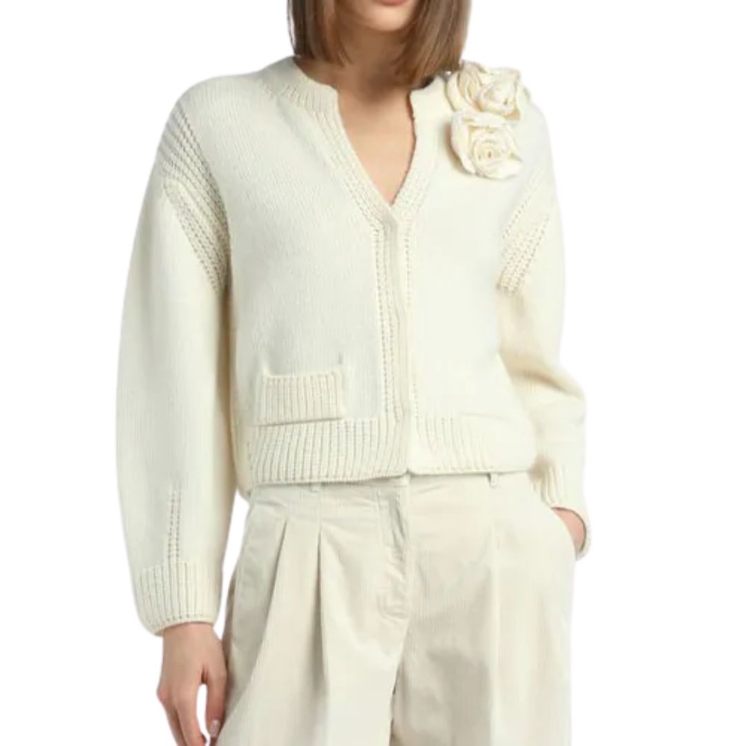 1LS1015-015 LUISA SPAGNOLI Montecarlo Cardigan with Applique Cream #100080.0202 (C-EU-E)