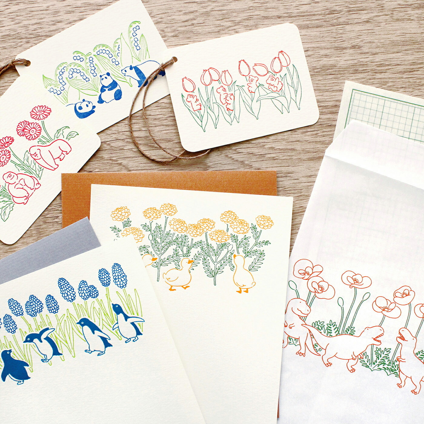 花田與動物 孔版印刷 信紙信封組｜日本EL COMMUN