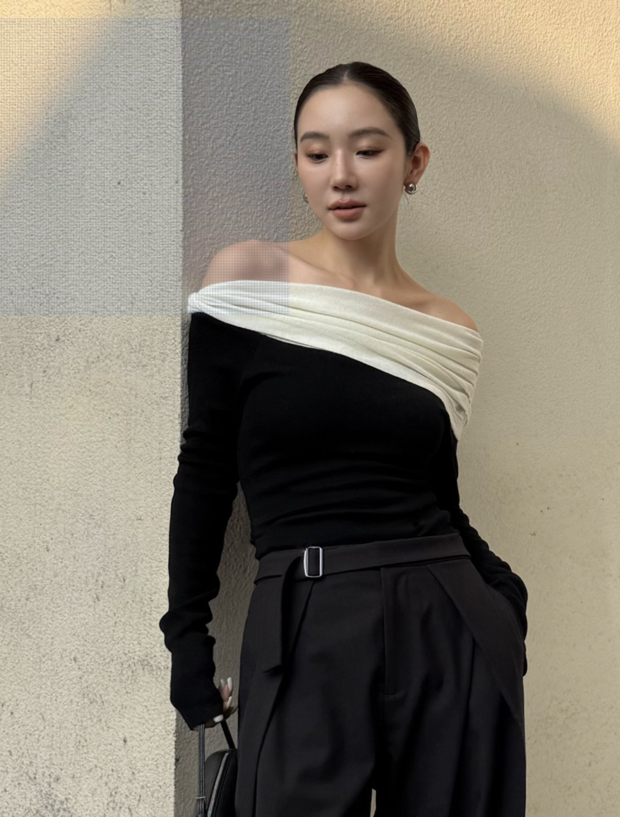 抓摺彈力螺紋配色一字領長袖上衣-S-L (Elegant & Love)