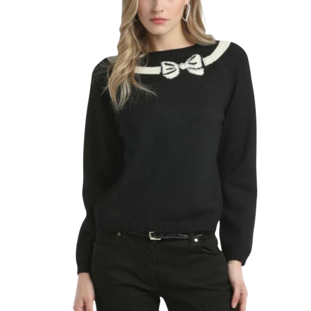 1LS1015-051 LUISA SPAGNOLI Malfa Sequin Pullover Nero_Panna #100251.202 (C-K11-E)