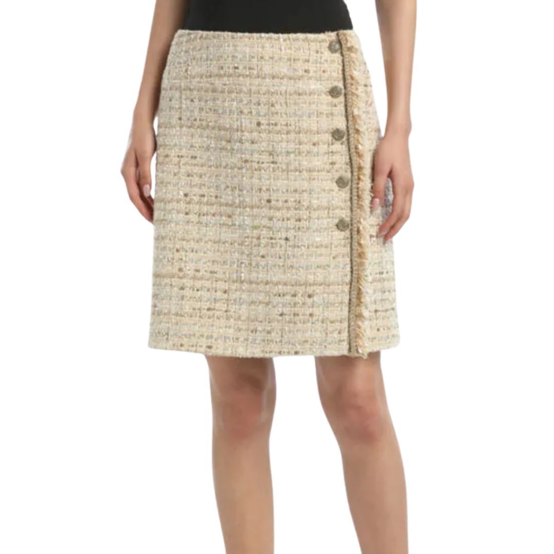 1LS1015-045 LUISA SPAGNOLI Freccia Fringed Bouclé Skirt Var Beige Oro #542721. Oro (C-EU-E)