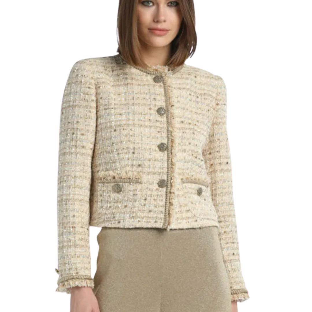 1LS1015-044 LUISA SPAGNOLI Sabbiadoro Bouclé Blazer Jacket Var Beige Gold #542249.3902 (C-EU-E)