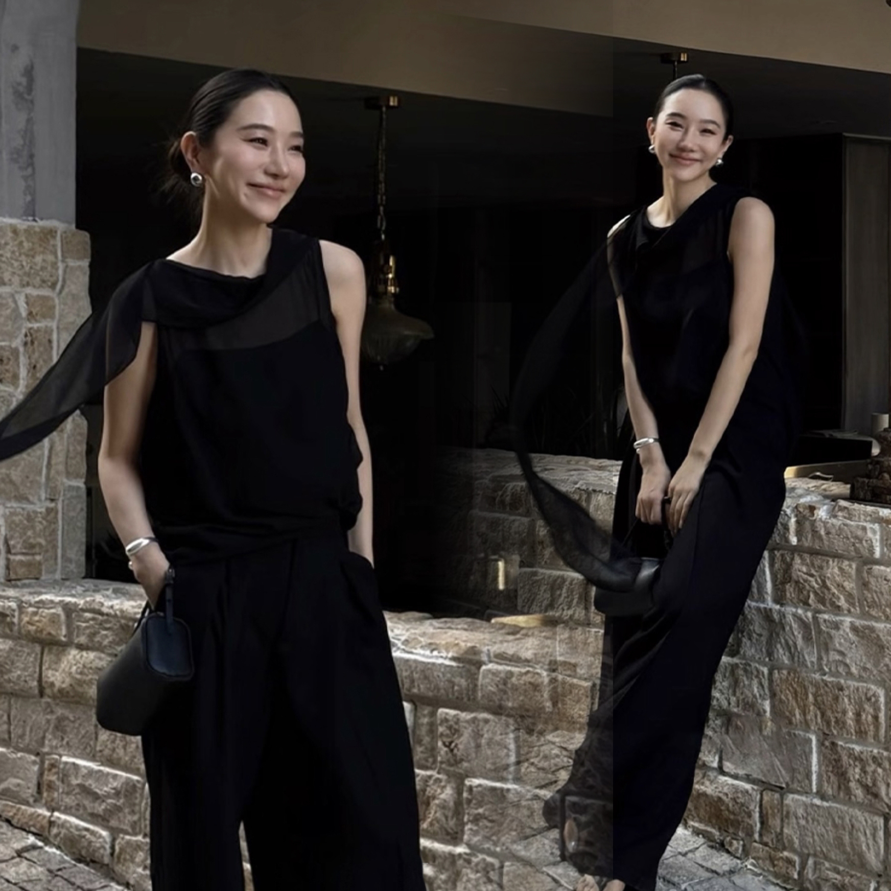 飄逸感織帶造型圓領上衣+長褲SET-S-L / 2色 (Elegant & Love)