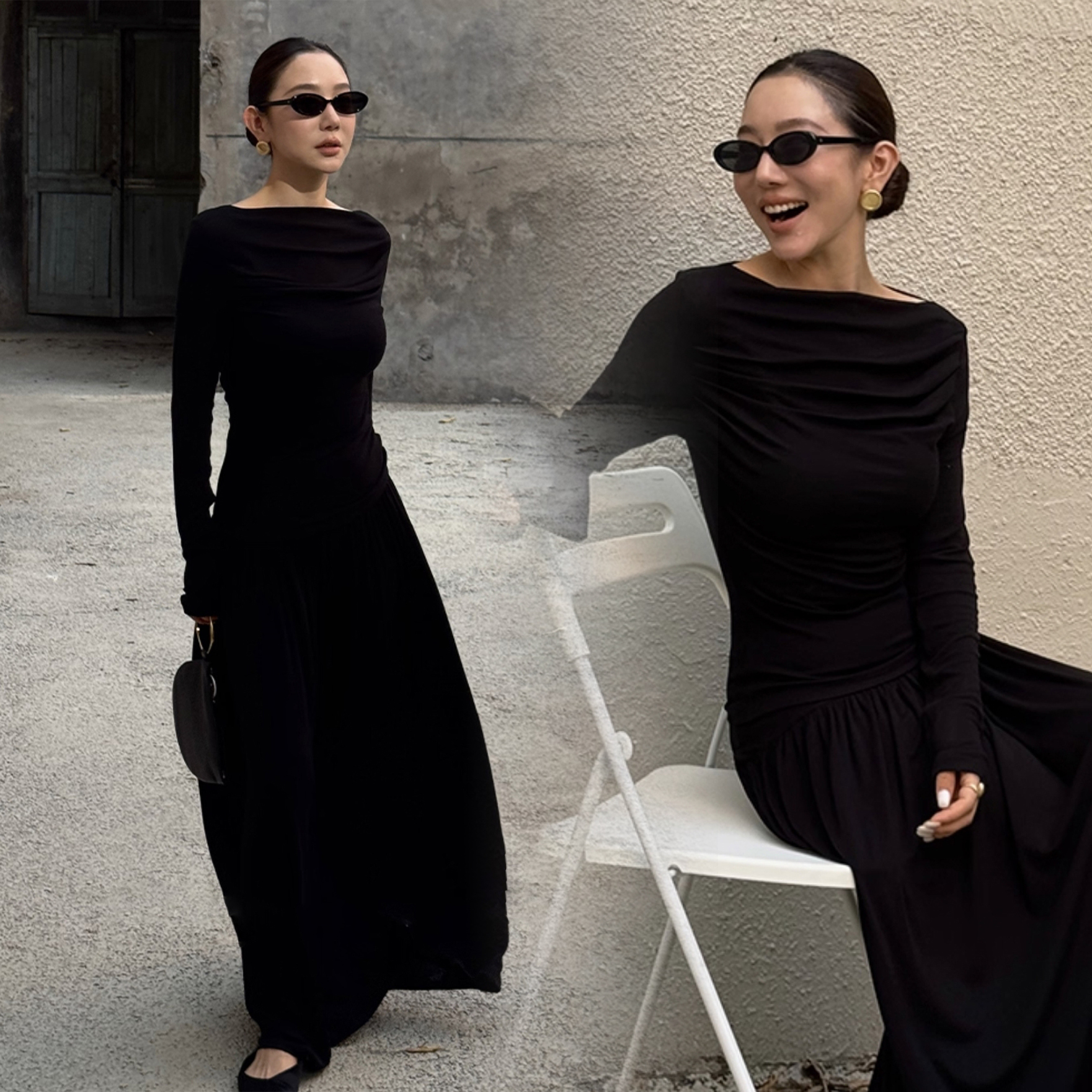 經典黑抓褶感長袖上衣+傘擺長裙SET-S-L (Elegant & Love)