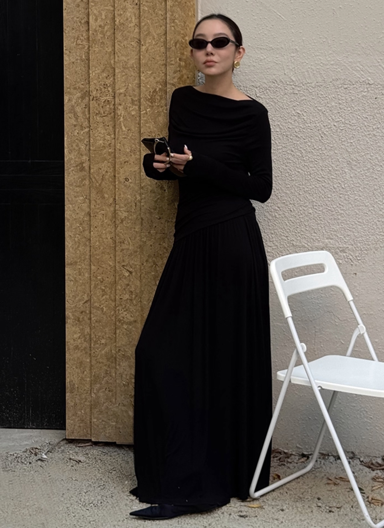 經典黑抓褶感長袖上衣+傘擺長裙SET-S-L (Elegant & Love)