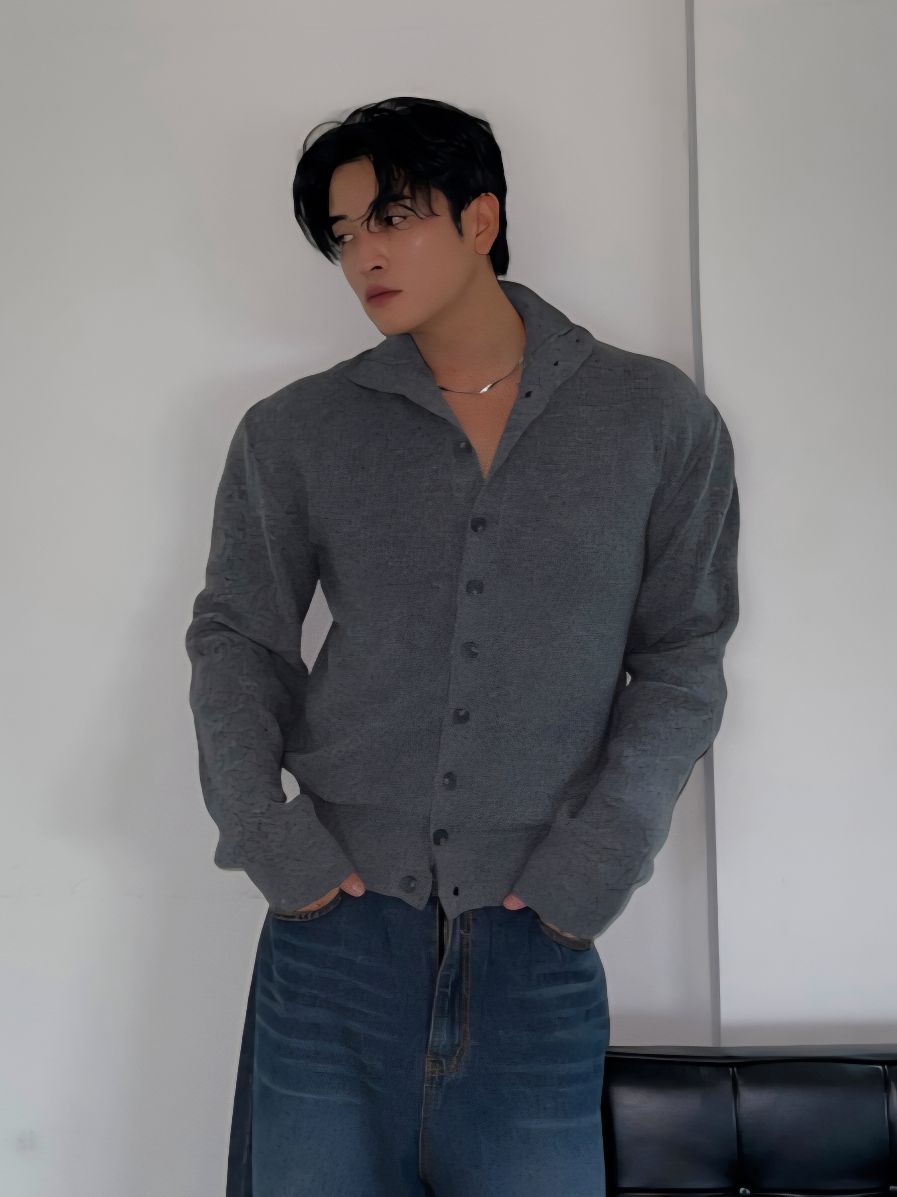 現代鈕扣高領短版開襟衫