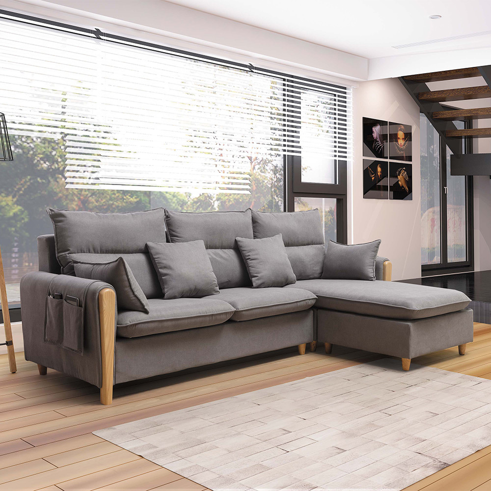 喬伊L型灰色亞麻布沙發(贈抱枕)