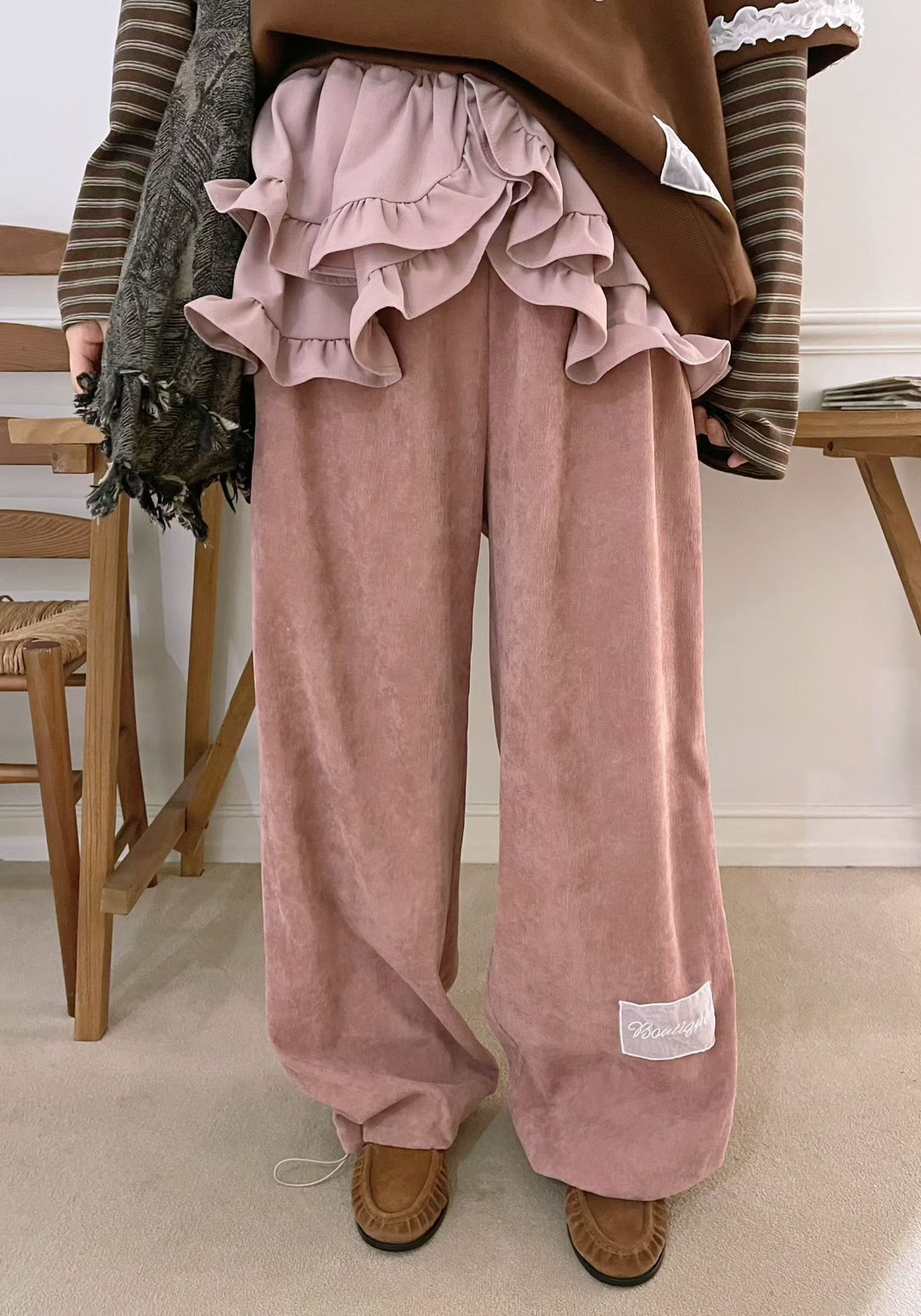 波浪裙圍休閒長褲