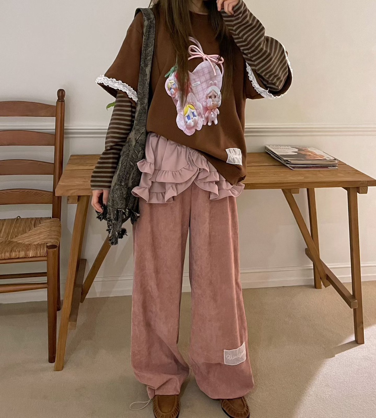 波浪裙圍休閒長褲