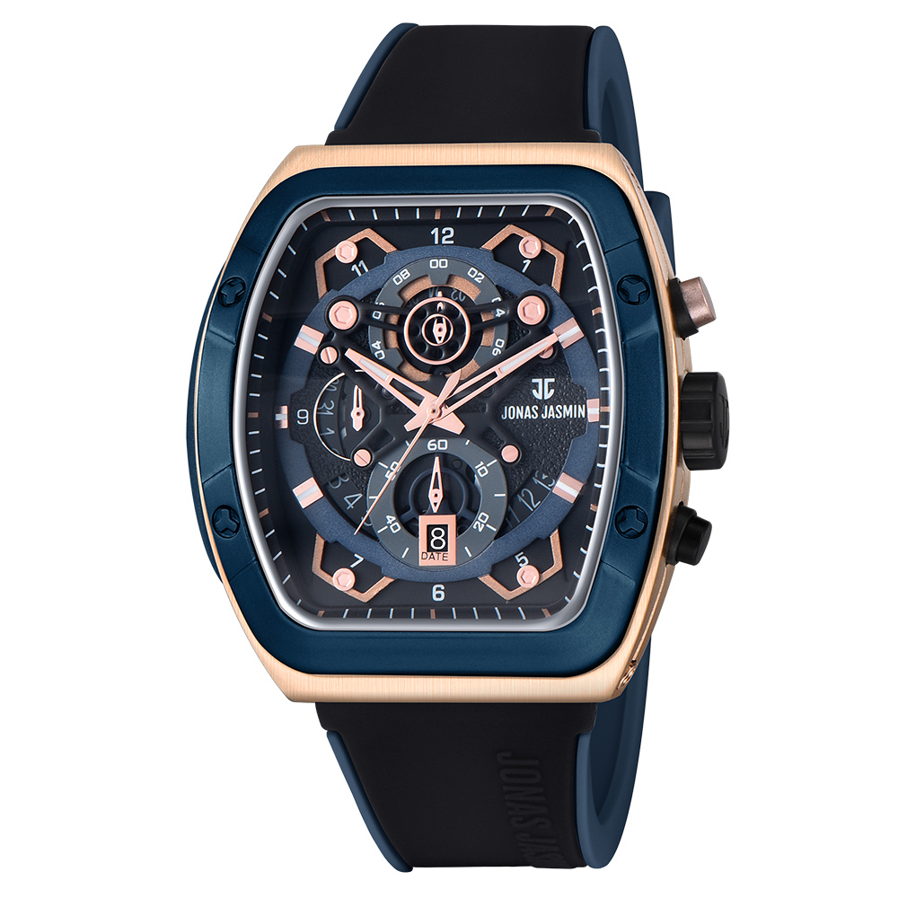 【Jonas Jasmin 喬納斯】JJ-5332MC-P真三眼夜光指針帶日期男款矽膠石英錶-
