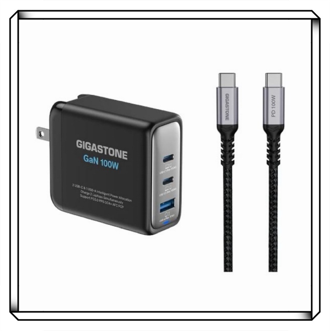 GIGASTONE 立達 100W GaN 氮化鎵 三孔充電器 Type-C PD 快充頭組