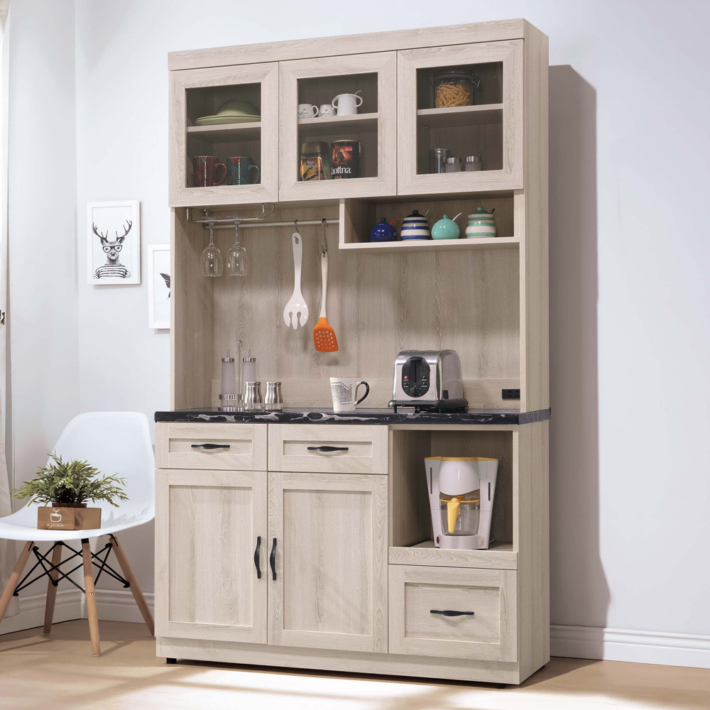 曼蒂4尺黑色石面多功能收納高餐櫃/碗盤置物櫃/電器櫃(上座+下座)