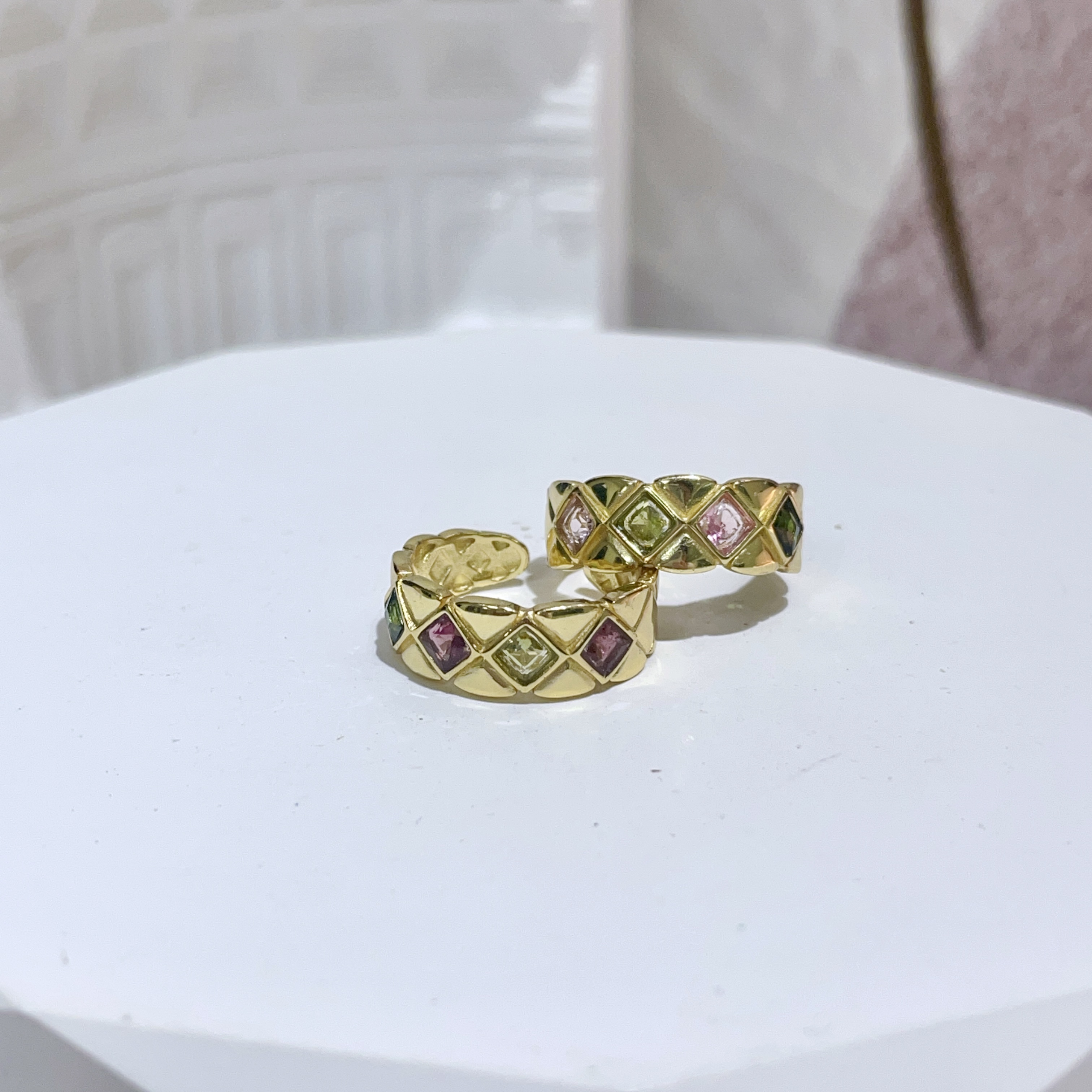 純銀菱格碧璽金戒指