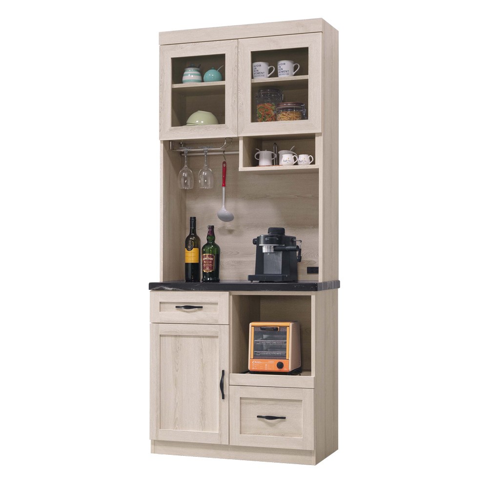 曼蒂2.7尺黑色石面多功能收納高餐櫃/碗盤置物櫃/電器櫃(上座+下座)