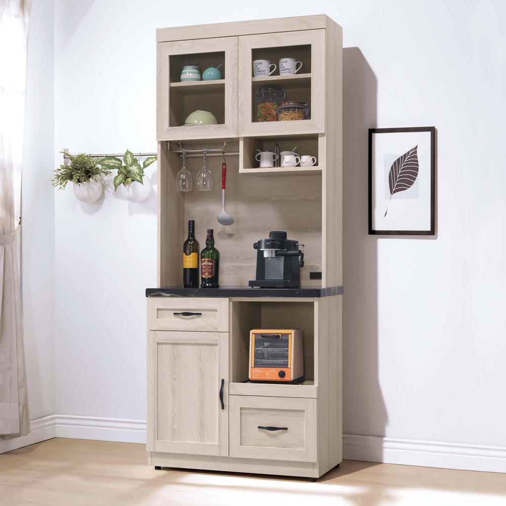 曼蒂2.7尺黑色石面多功能收納高餐櫃/碗盤置物櫃/電器櫃(上座+下座)