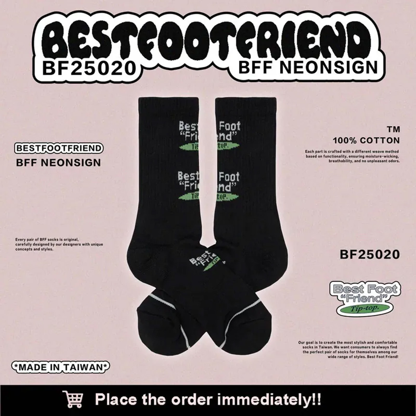 BFF Symptom Socks Neonsign 黑色 白色 霓虹燈牌 刺繡 中筒襪 長襪【BF25020】