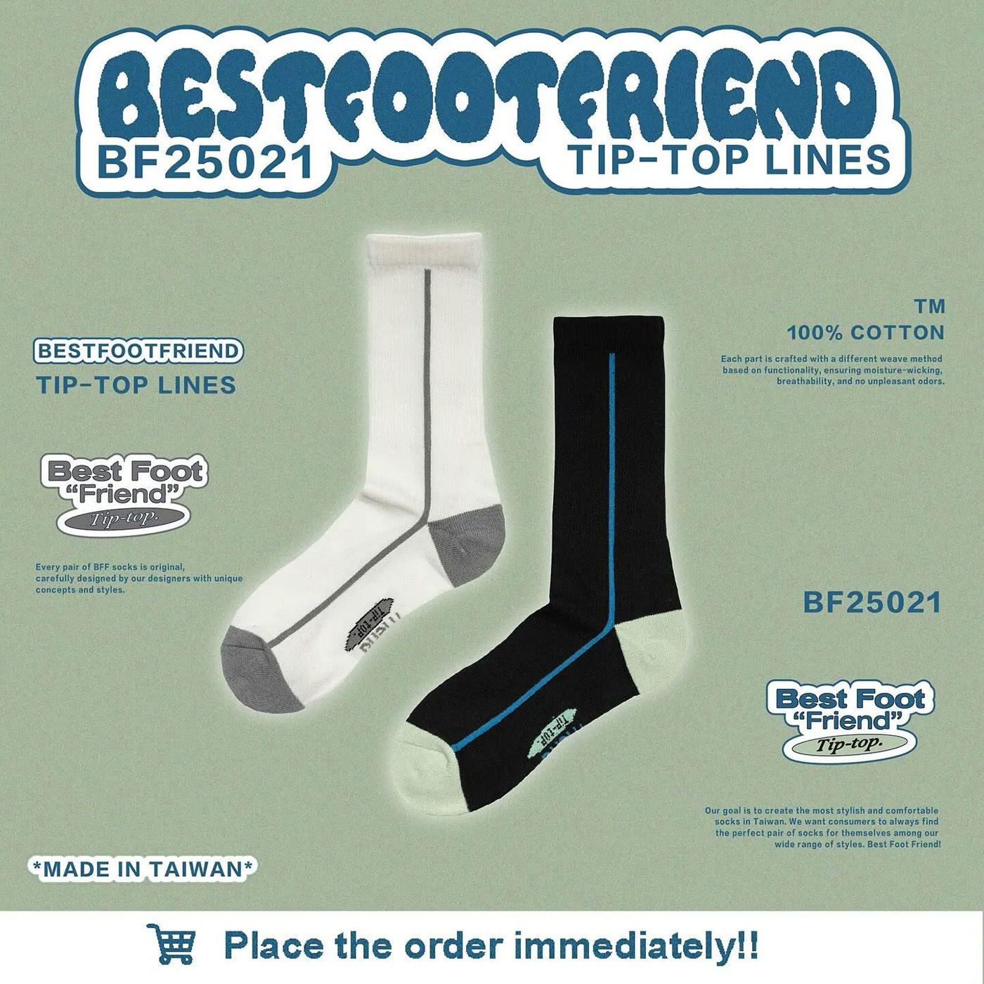BFF Symptom Socks Tip-top lines 黑色 白色 頂端線條 刺繡 中筒襪 長襪【BF25021】