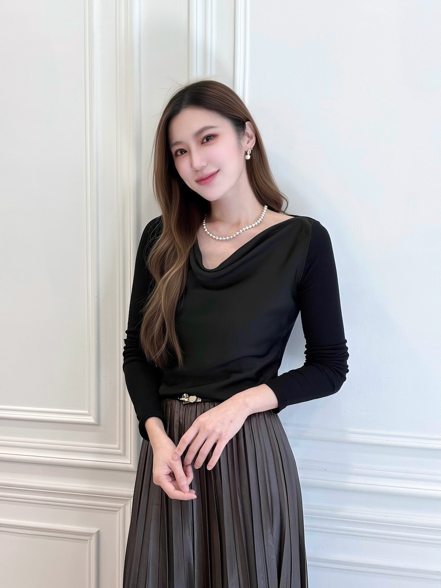 緞面垂墜領長袖針織上衣