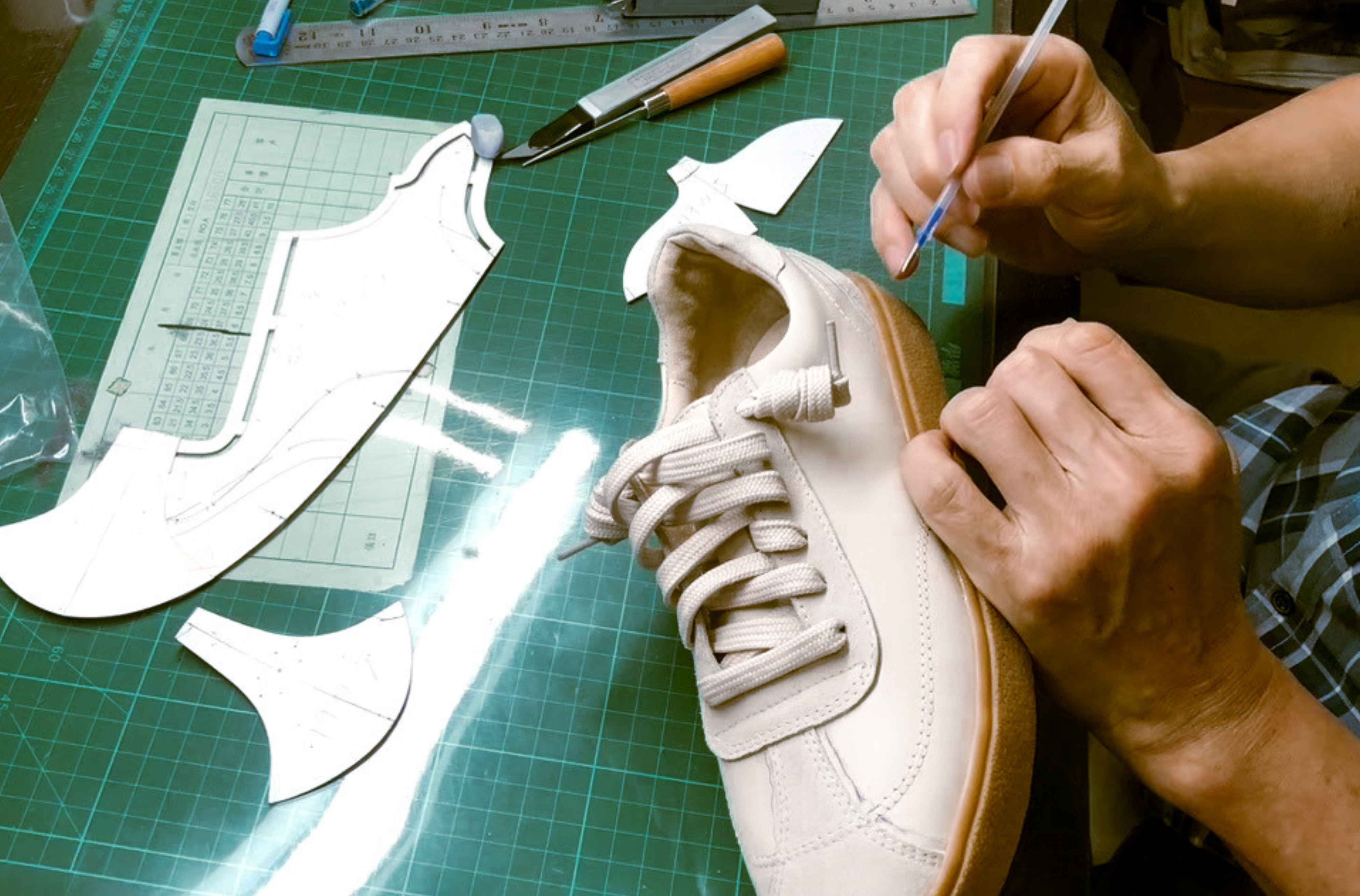 台灣製鞋老師傅在打樣與鞋面上記號,展現Sanly Joy德訓鞋獨有的手工細節與準確度。