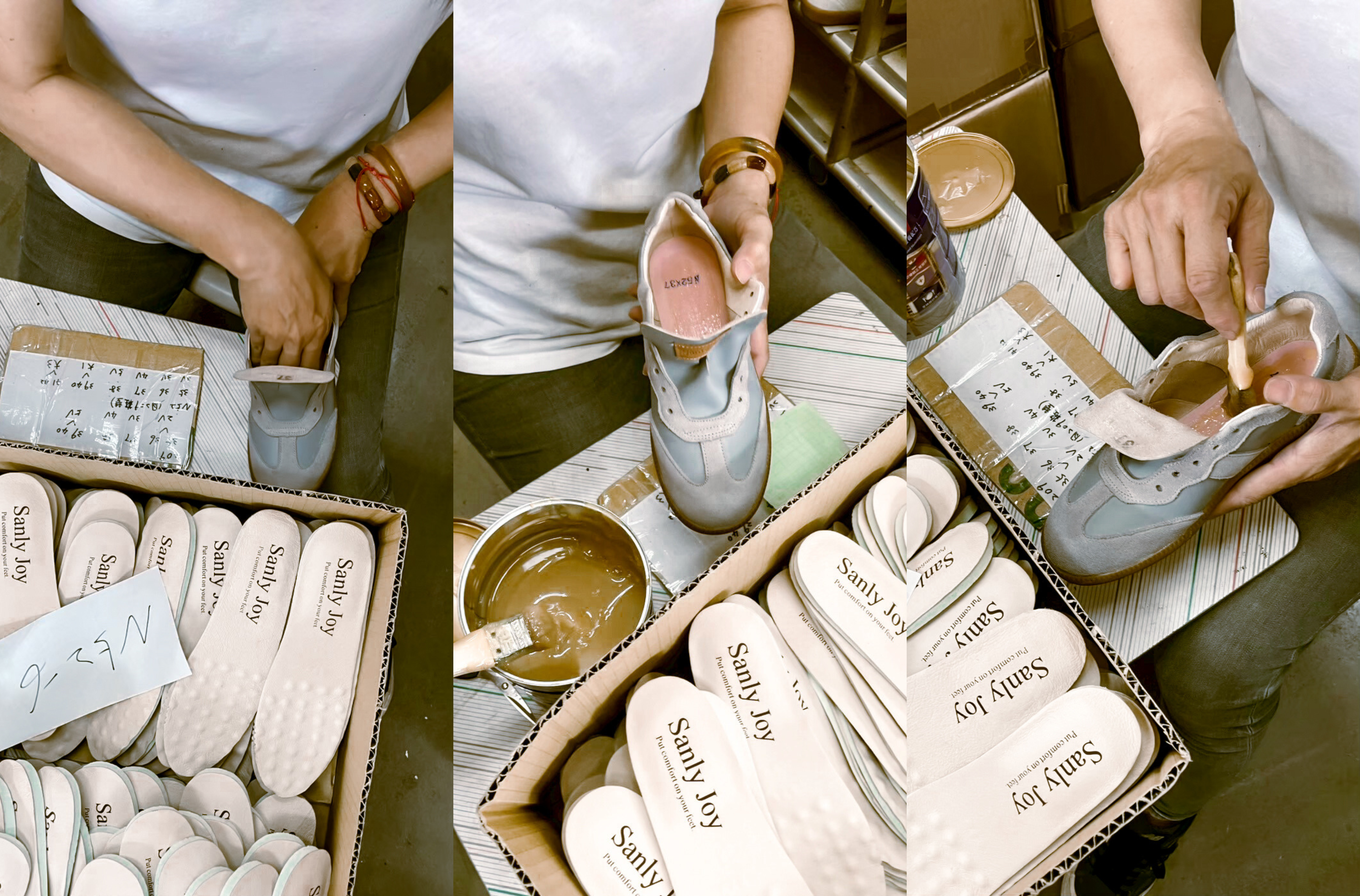 鞋匠正在為艾蜜莉德訓鞋裝入柔軟彈力水乳膠鞋墊,提供全天候舒適支撐感受。