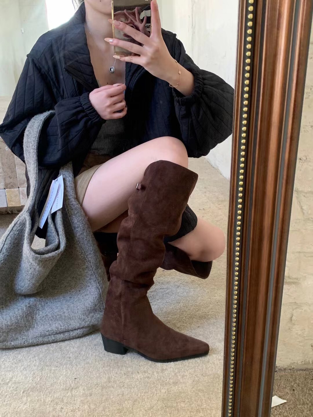 方扣造型兩穿推推長靴(棕色加絨39)