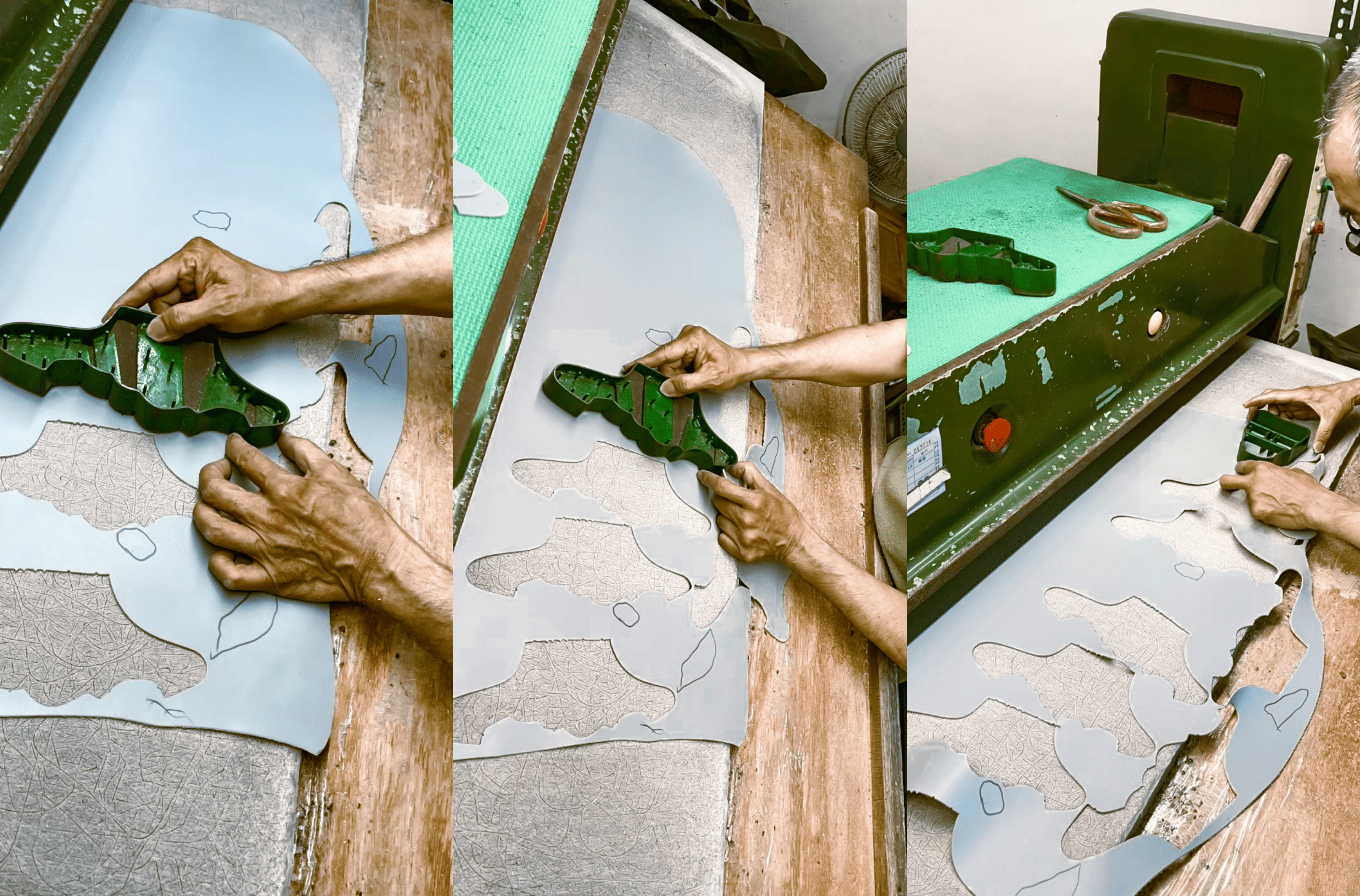 Sanly Joy台灣製鞋職人正在裁切真皮與麂皮,展現德訓鞋製作初期的細膩工藝與嚴謹品質。