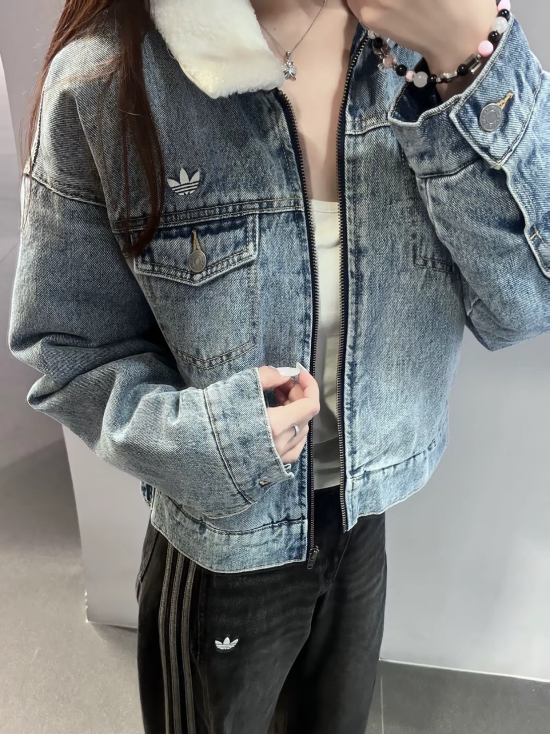 ADIDAS ORIGINALS 羊羔絨領 牛仔外套