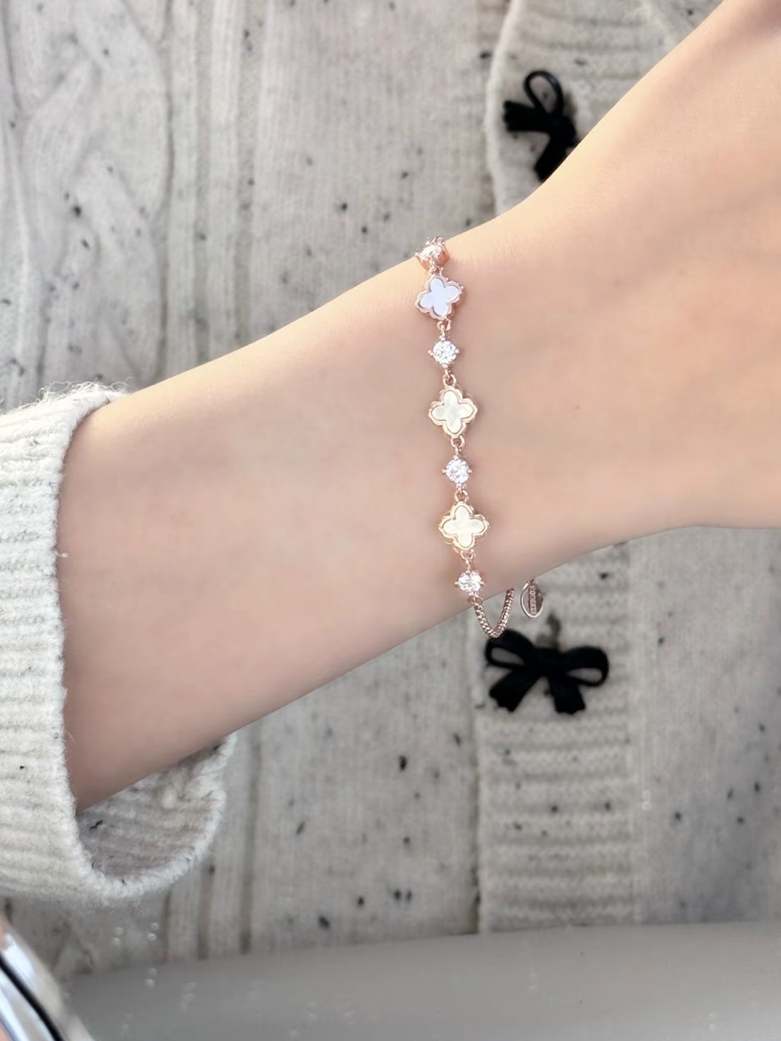 卡蒂羅 KADER 四葉草 手工 珍珠母貝 銀鑲 鑽石 手鍊