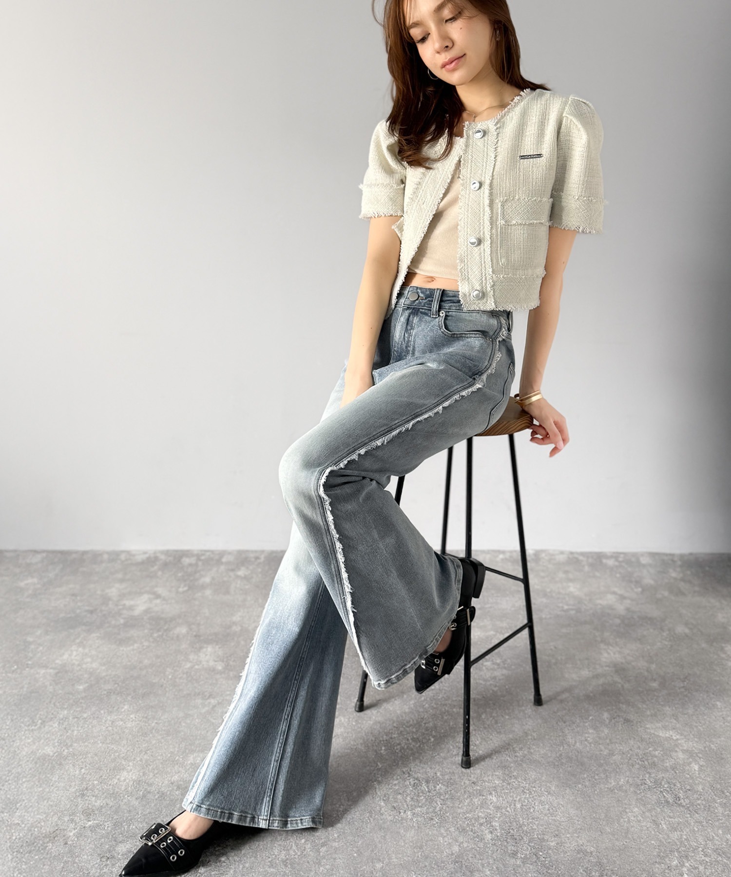 🇯🇵 日系品牌 mily bilet 復古風 流蘇 牛仔喇叭褲 牛仔褲 美腿褲 長褲 / 預購