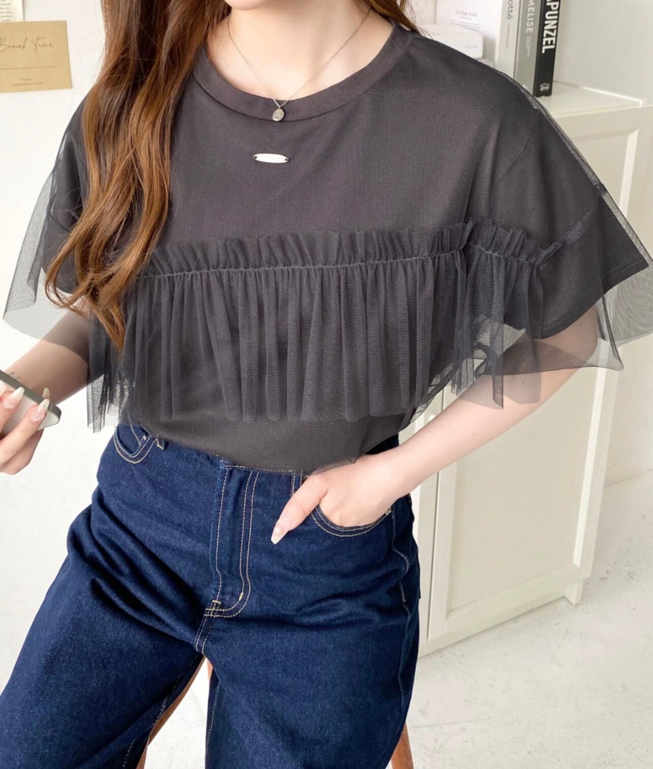 【預購】JN101702 moment+ 薄紗層疊荷葉邊短袖上衣