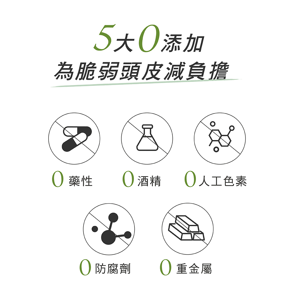 5大0添加,為脆弱頭皮減負擔,藥性,酒精,人工色素,防腐劑,重金屬