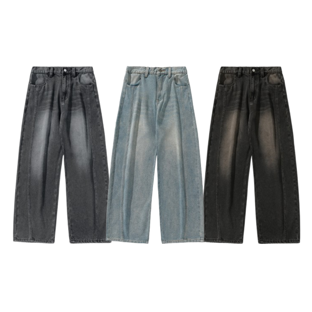 水洗做舊直筒彎刀寬鬆廓形牛仔褲 MN2383