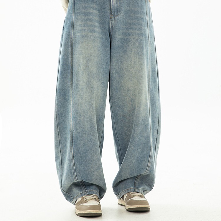 水洗做舊直筒彎刀寬鬆廓形牛仔褲 MN2383