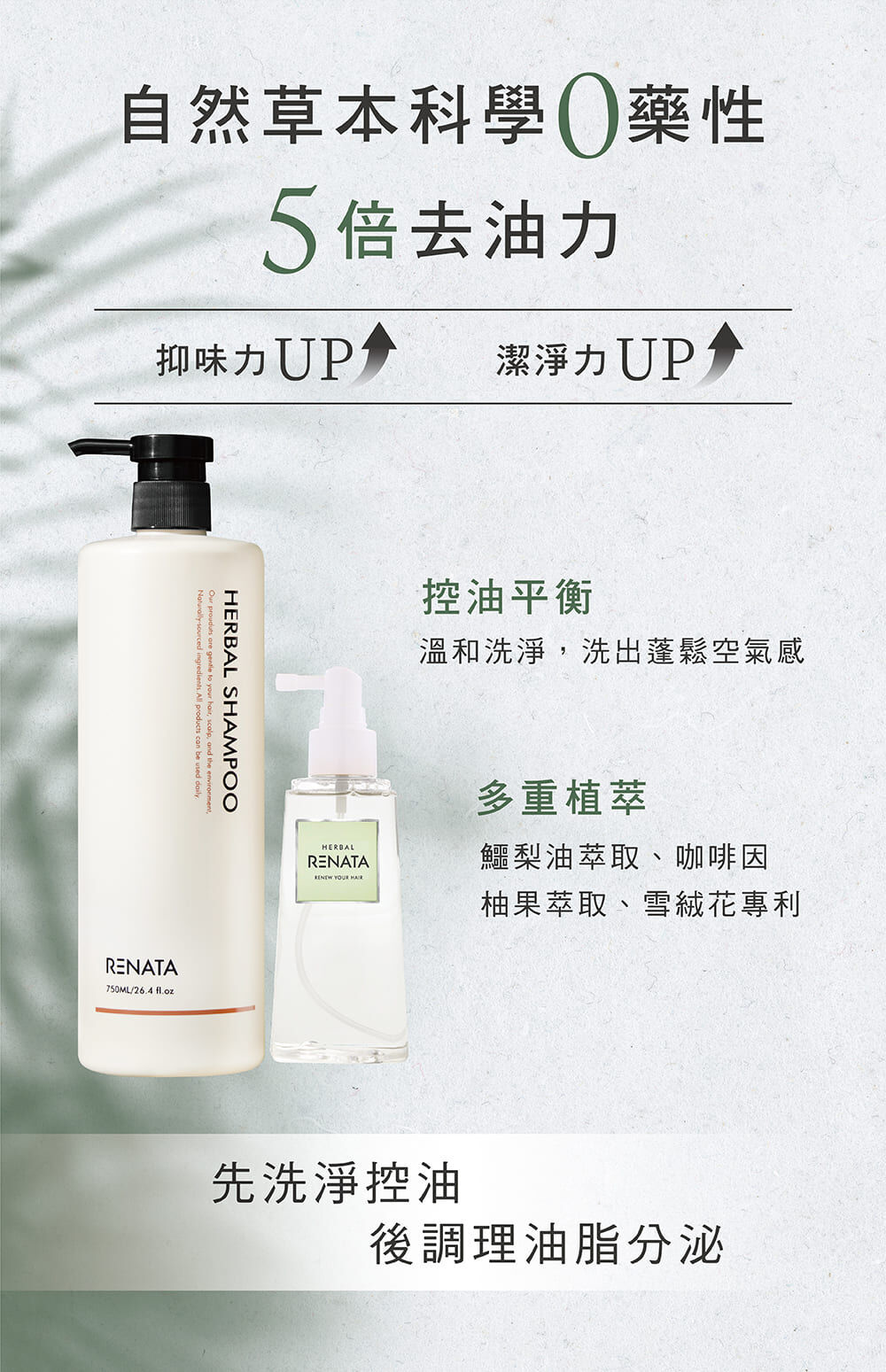 自然草本科學無藥性,5倍去油力,抑味力,潔淨力,控油平衡,多重植萃,先洗淨空油,後調理油脂分泌