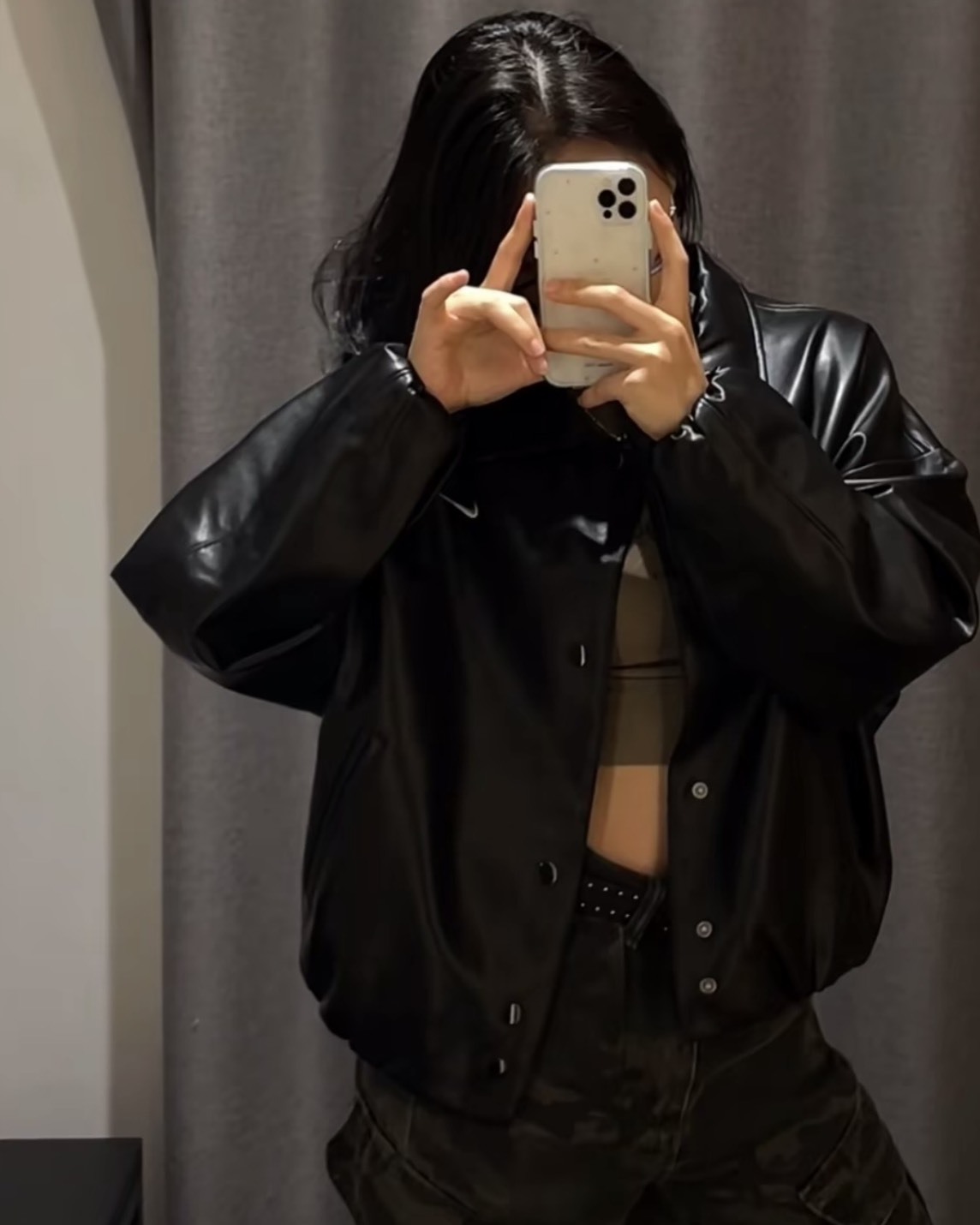 Nike 皮革 豹紋領 刺繡 小標 寬鬆 皮外套 黑