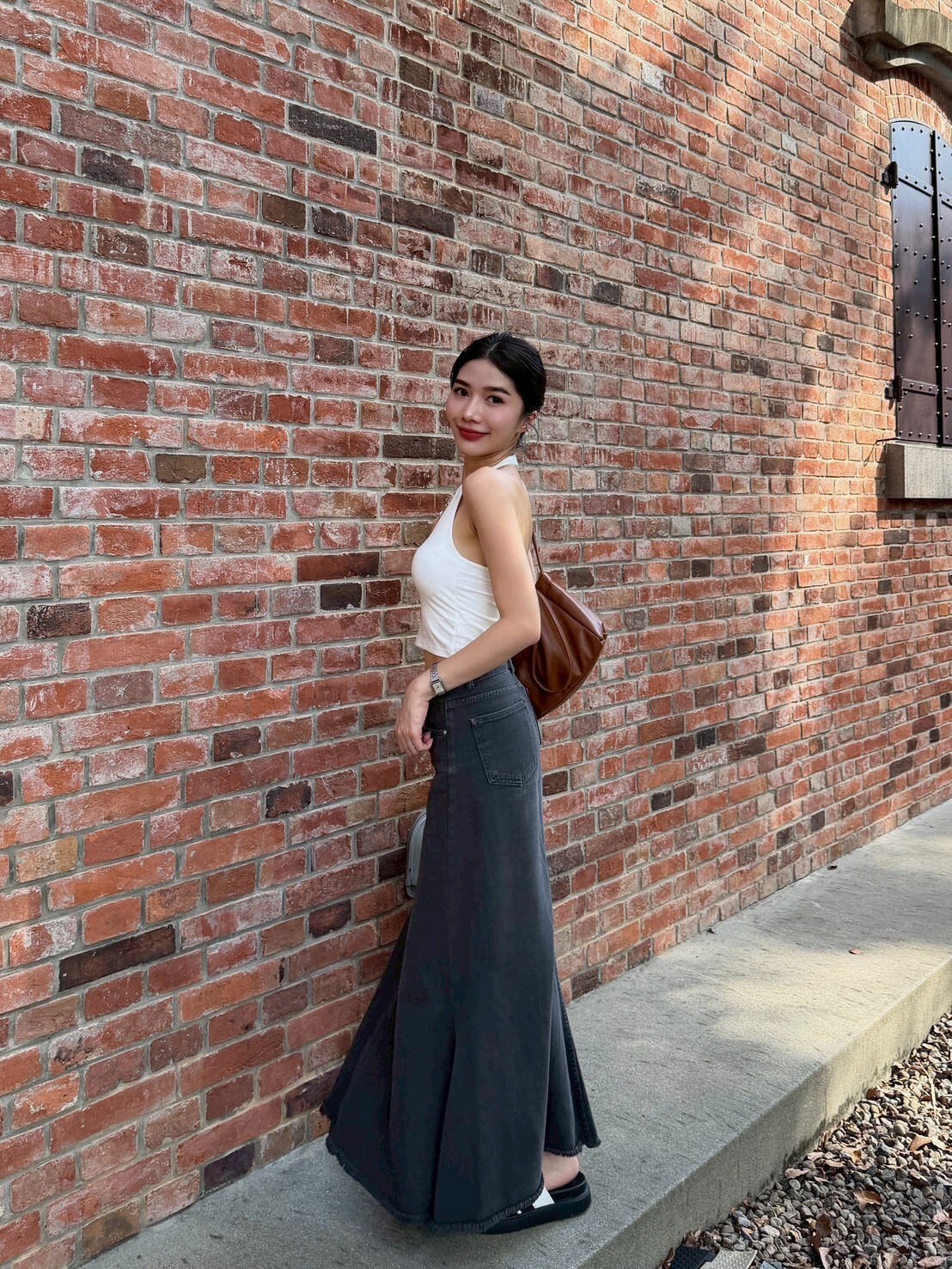 自留款下抽鬚修身牛仔裙