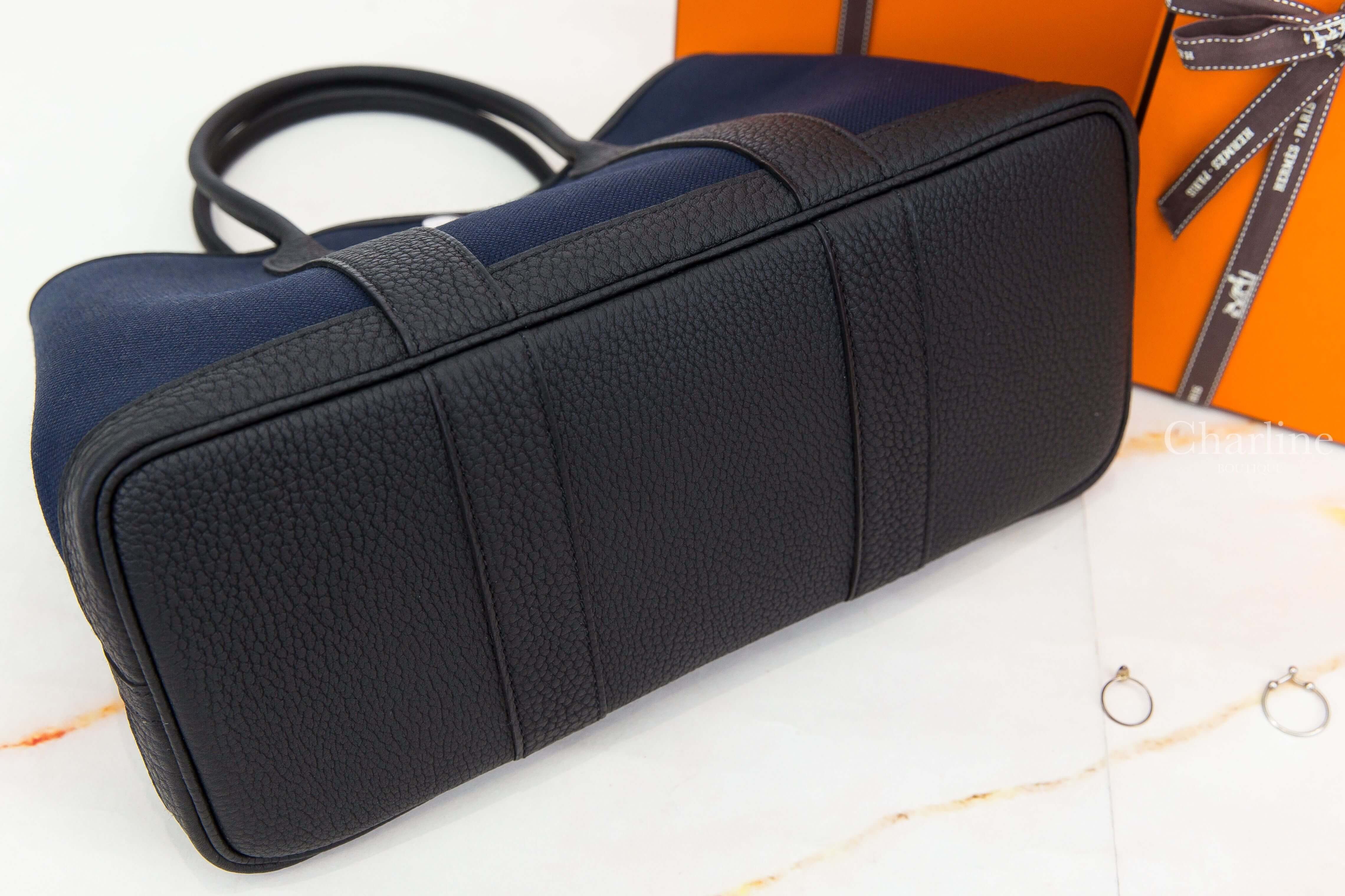 Hermès Garden Party 30cm Toile Militaire / Veau Negonda 海軍藍帆布拼黑色皮革手提包-Charline Boutique 精品代購