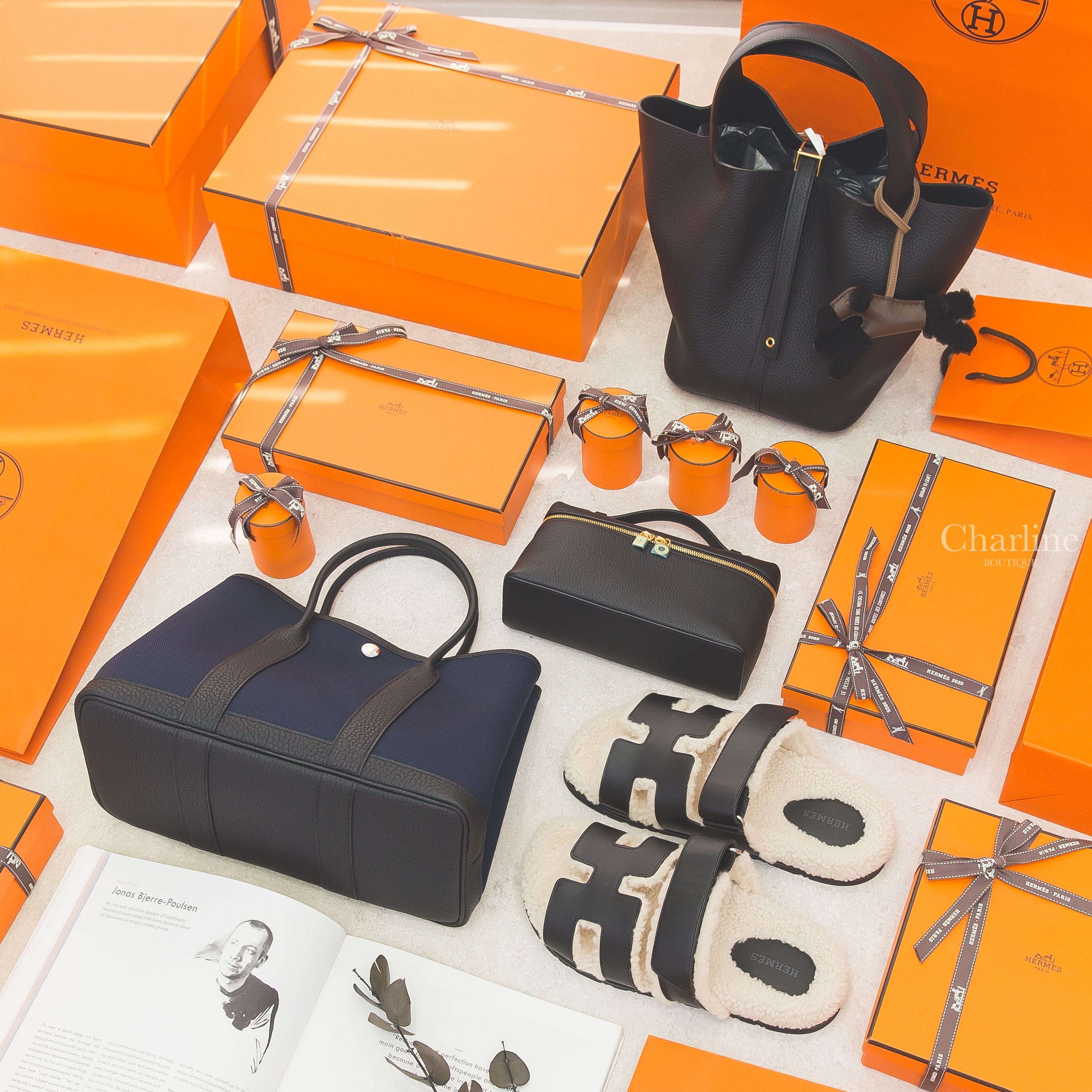Loro Piana L19 黑色,Hermès Garden Party 藍帆布黑皮革,Hermès Picotin 黑色金釦,Hermès Budy 巧克力色,Hermès Chypre 黑色羊毛鞋-Charline Boutique 精品代購