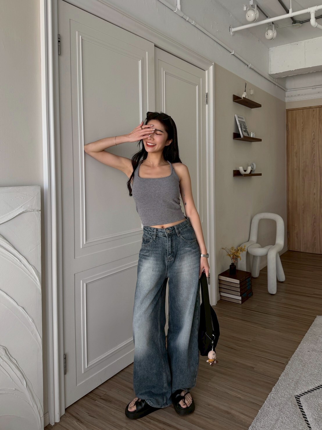 藍灰系造型牛仔寬褲