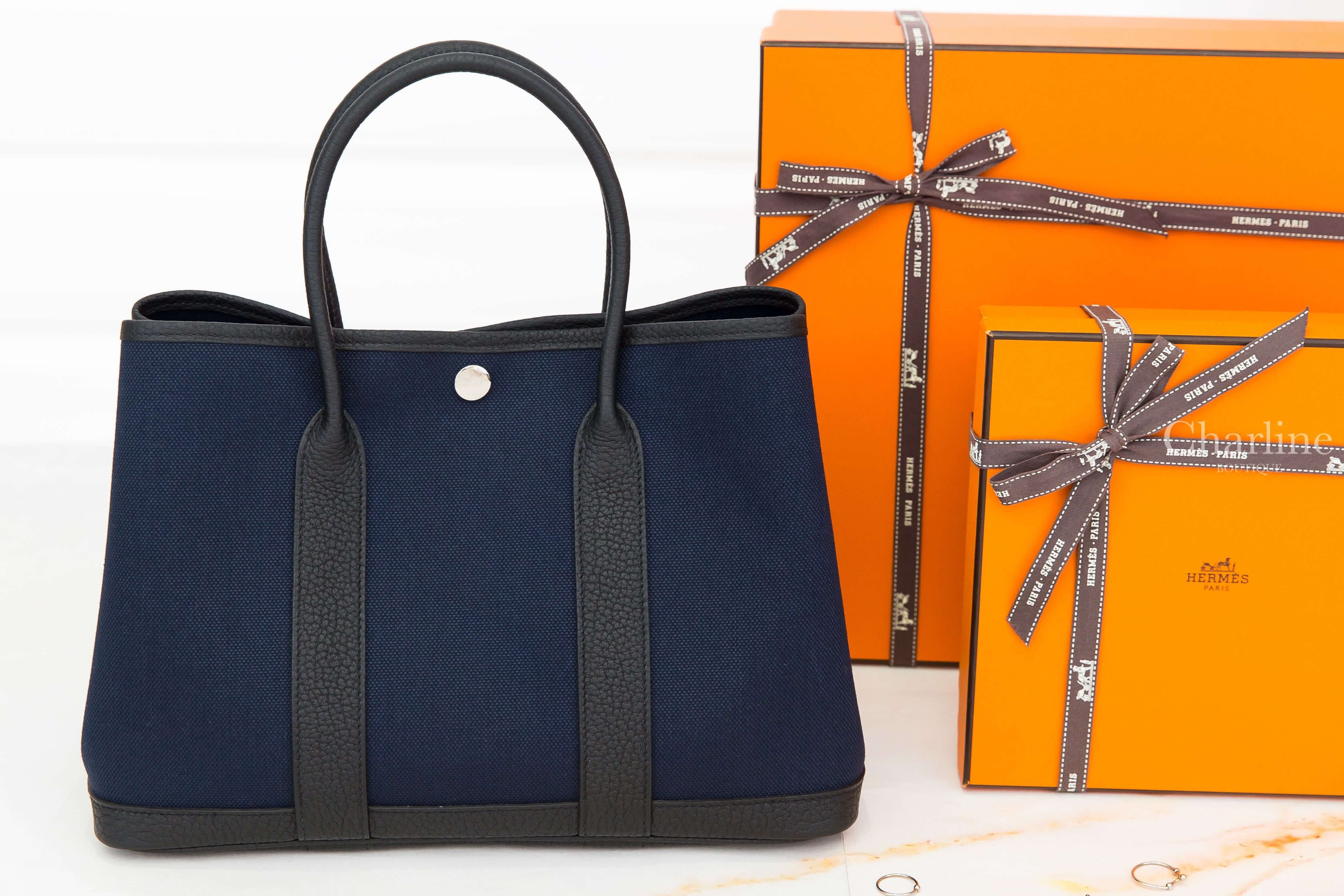 Hermès Garden Party 30cm Toile Militaire / Veau Negonda 海軍藍帆布拼黑色皮革手提包