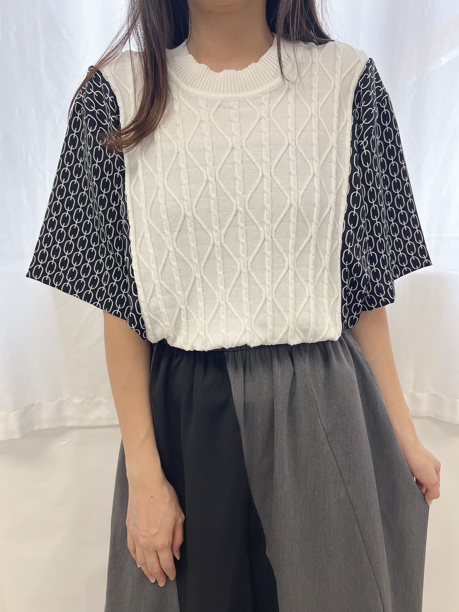 TE 鏈條圖案對接麻花針織上衣