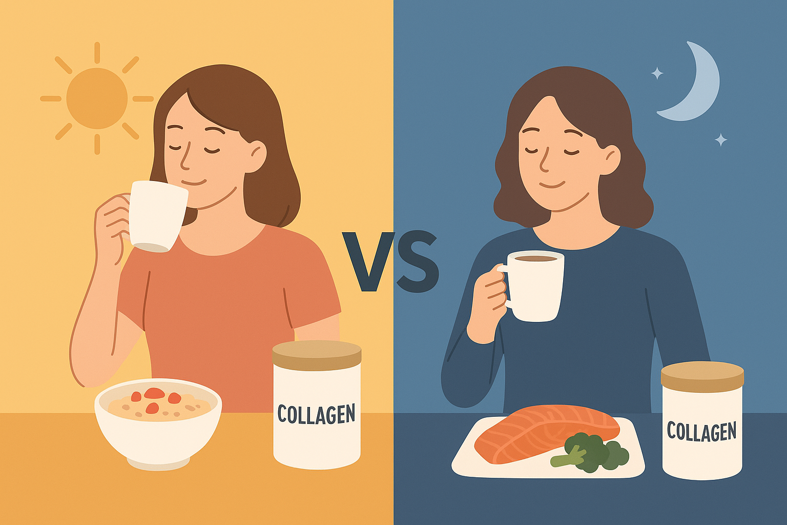 膠原蛋白早晚飲用對比圖，女性早上搭配早餐攝取膠原蛋白與晚上隨晚餐補充的示意畫面。