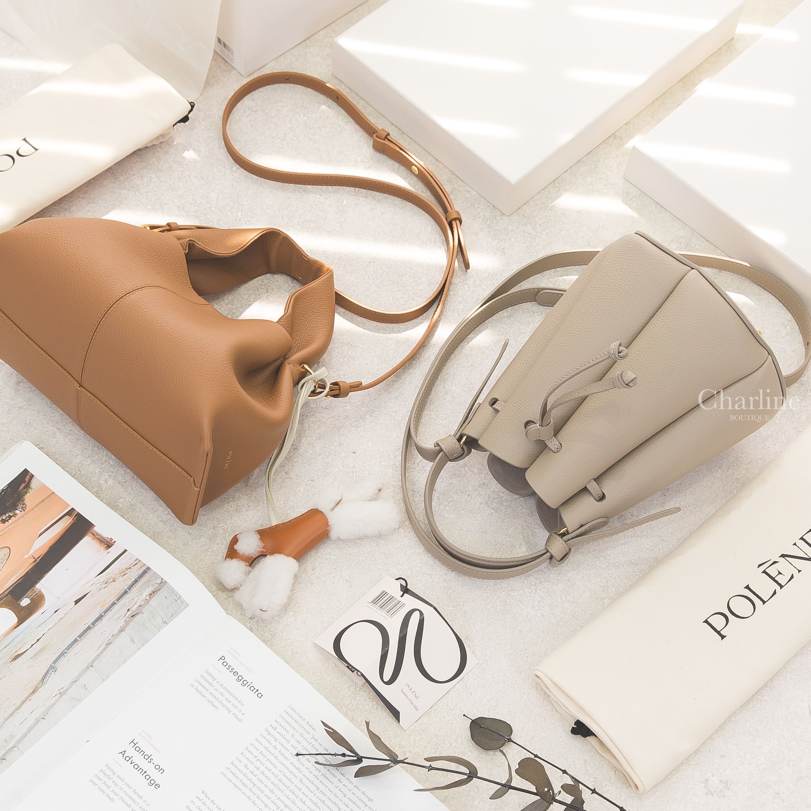 Polène Numéro Huit Mini 灰褐色水桶包,Polène Numéro Neuf Mini 駝色肩背包,Hermès Budy Charm 焦糖色/奶昔白羊毛獵狐梗犬吊飾-Charline Boutique 精品代購