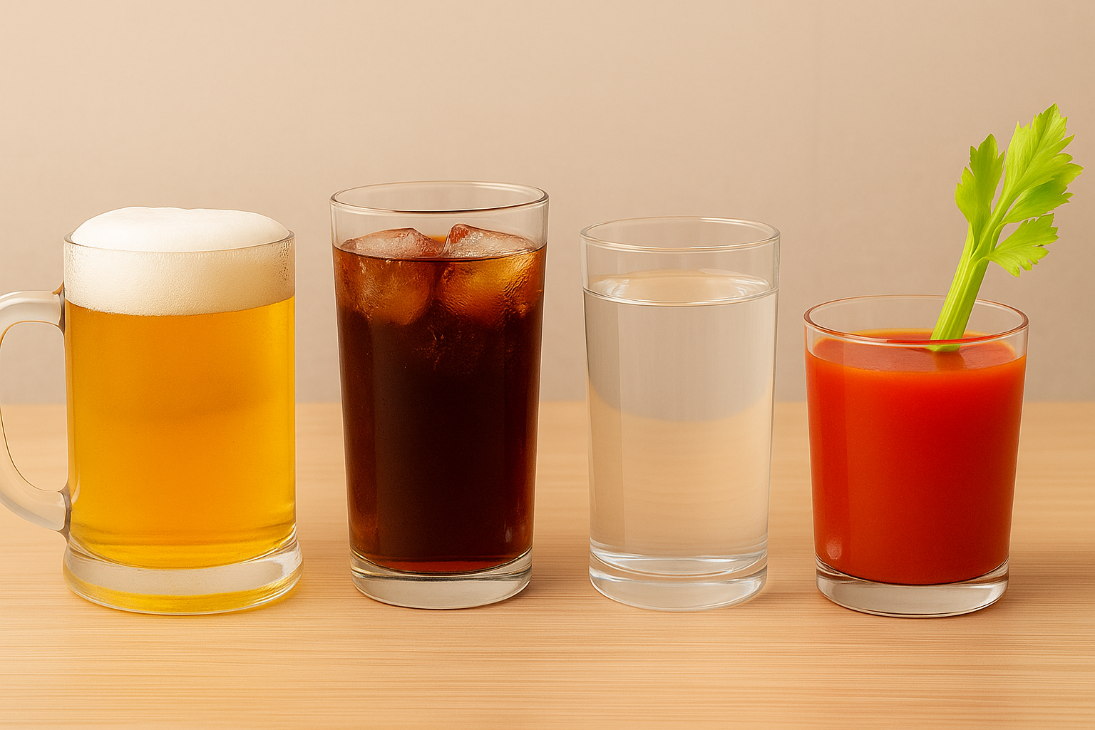 宿醉喝什麼最有效?常見解酒飲品如啤酒、可樂、開水與番茄汁的比較示意圖。