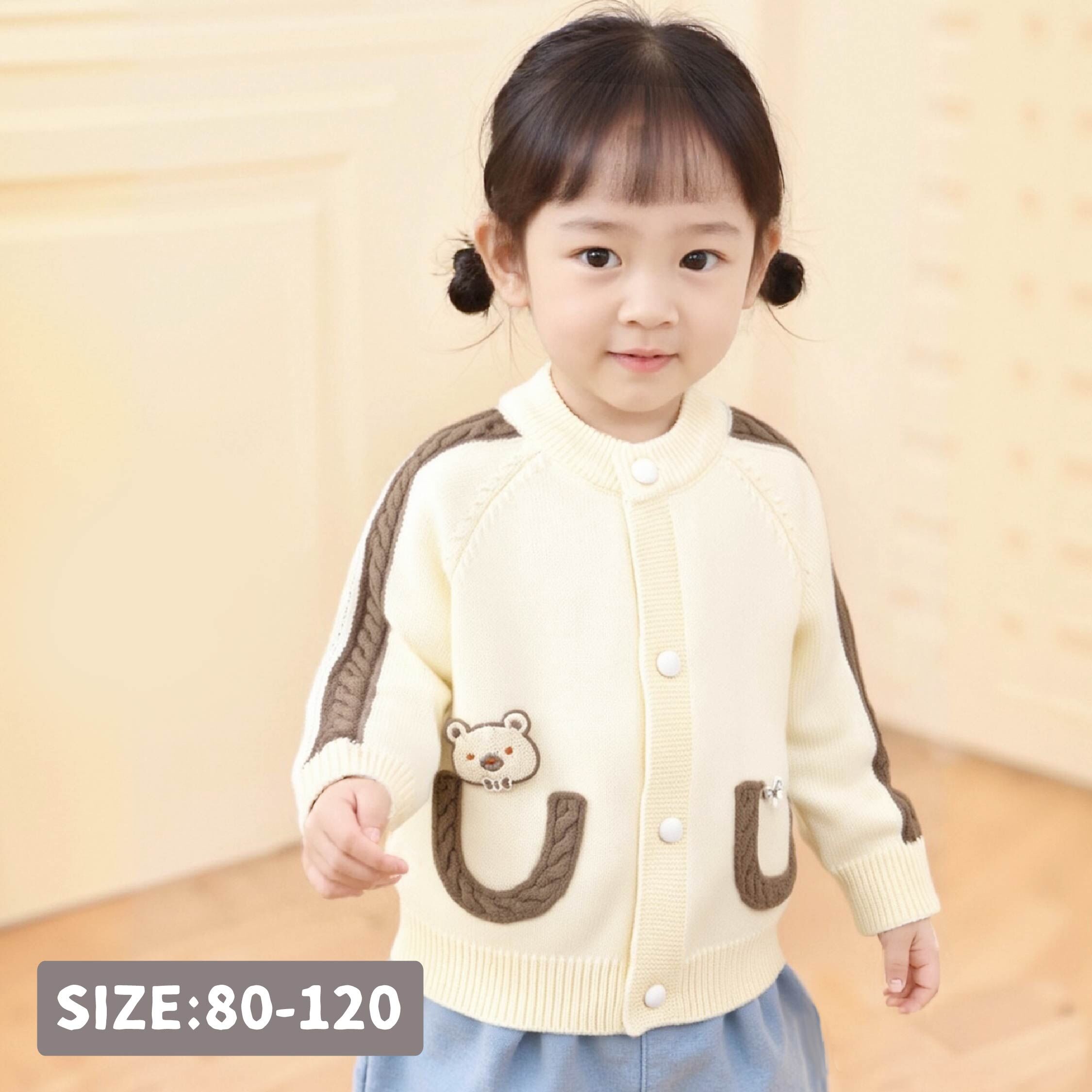 【H45373】小熊蝴蝶結布貼針織外套＊二色