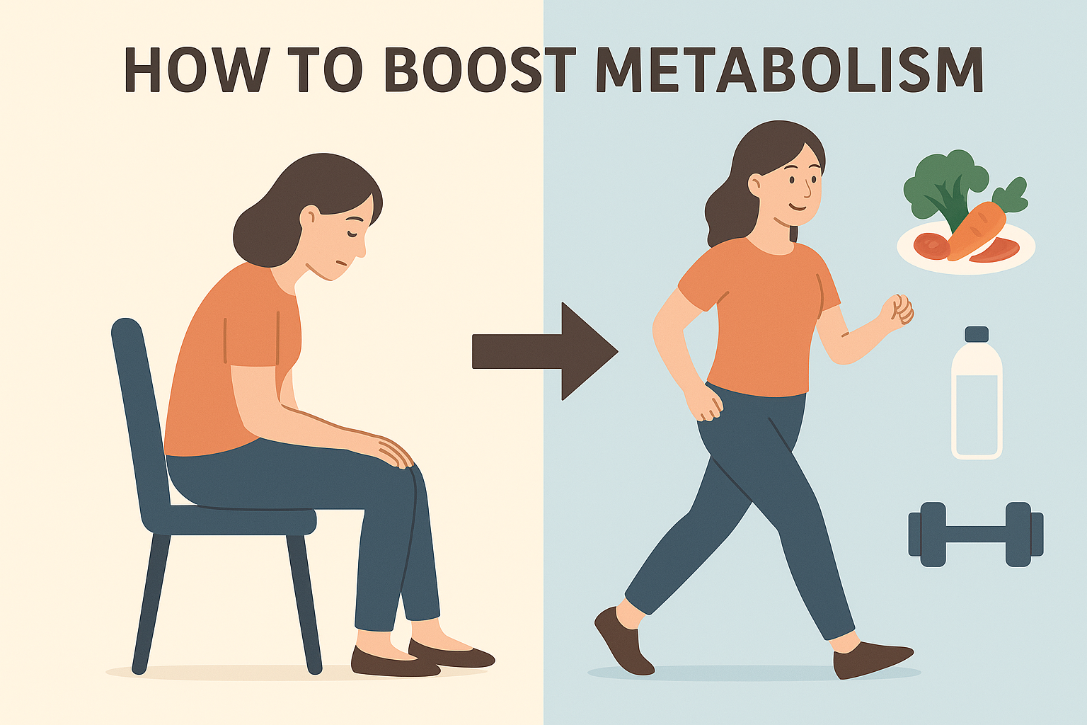 久坐導致代謝變差的女性示意圖，透過運動、健康飲食與補水提升代謝，對比怎麼讓代謝變好。