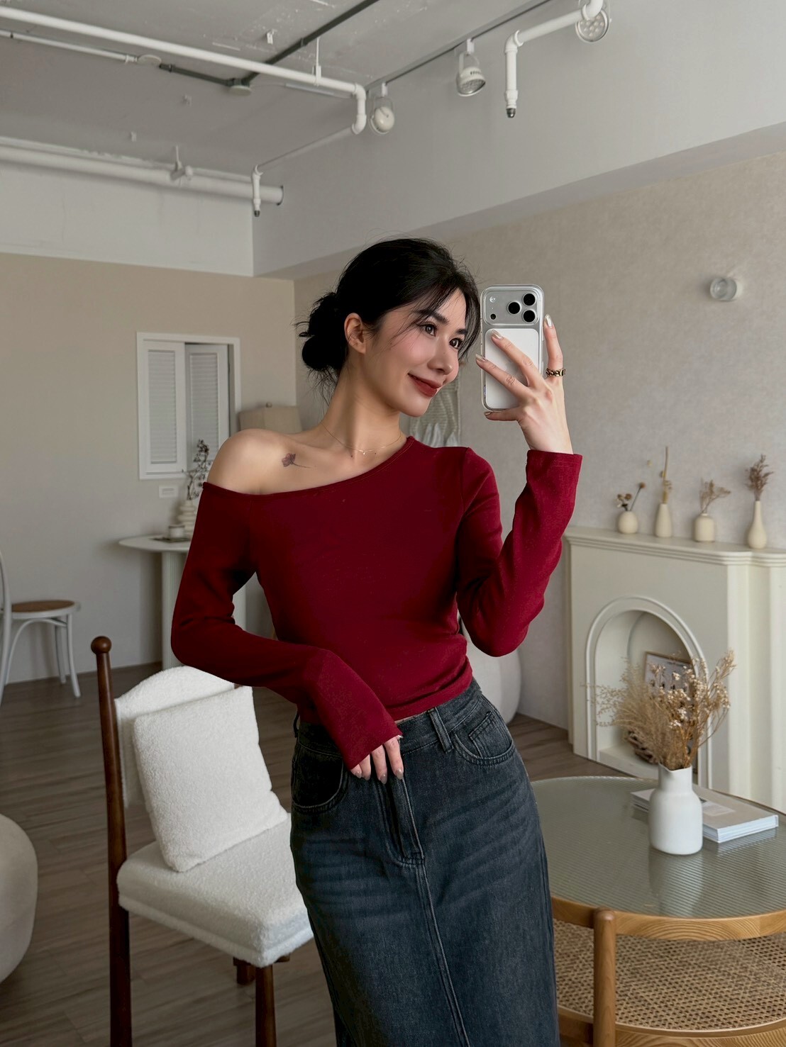 斜肩側抓皺長袖BRATOP