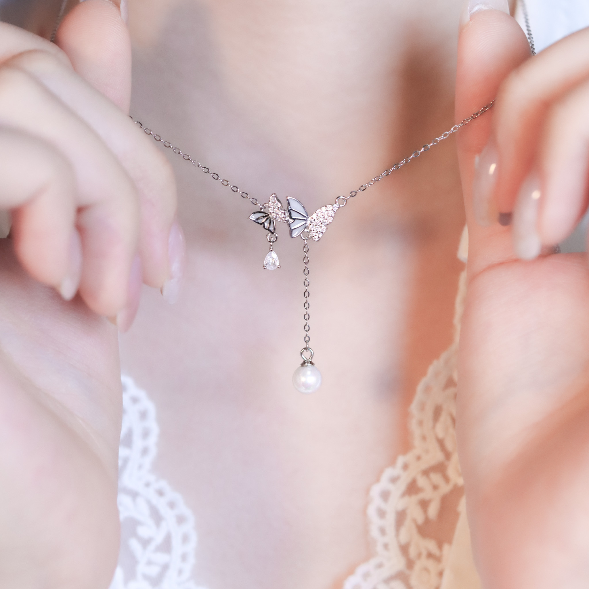 | 925純銀・白金・珍珠 | 珍貴蝶願陪伴項鍊 | NE1496 |